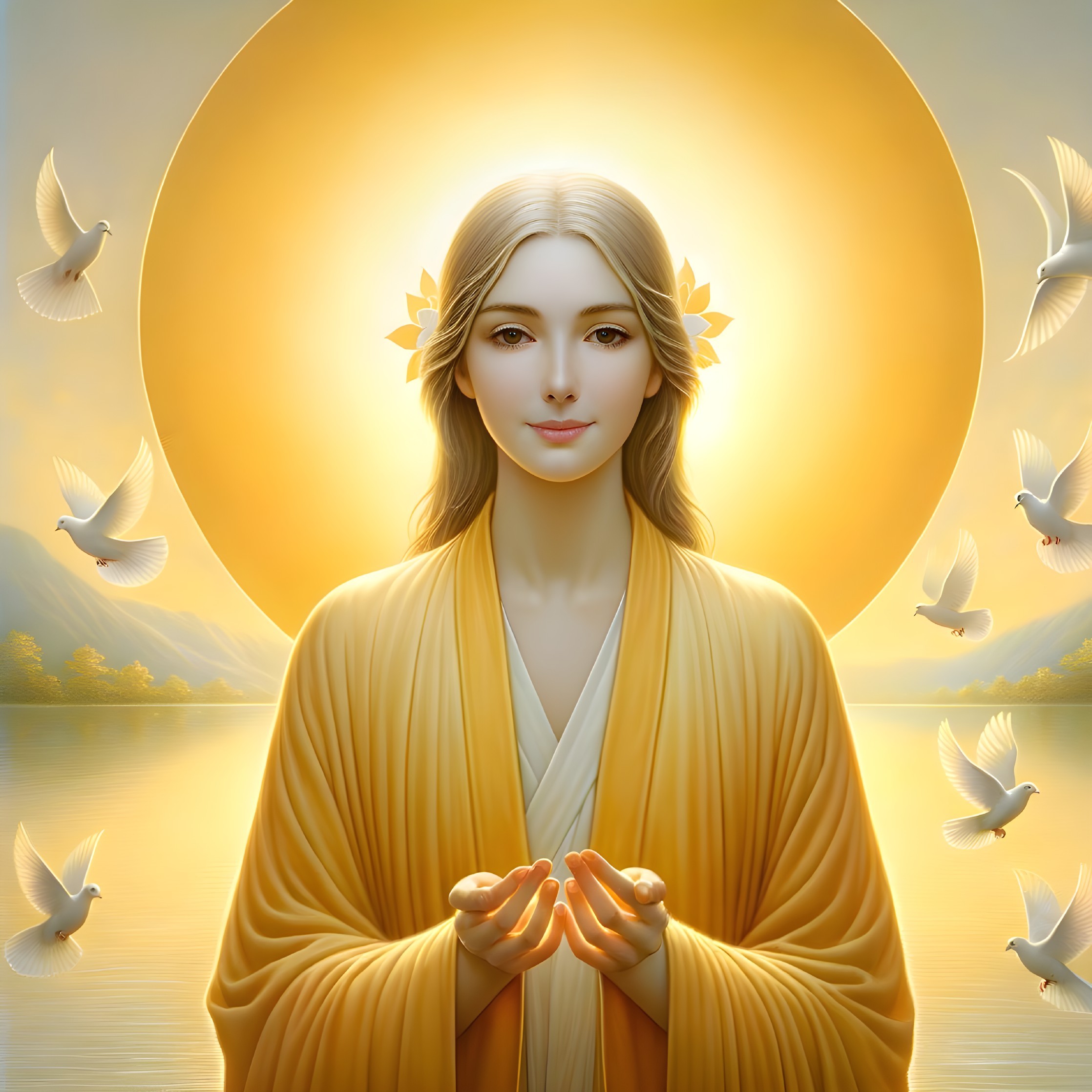Serene figure in yellow robe against golden backdrop