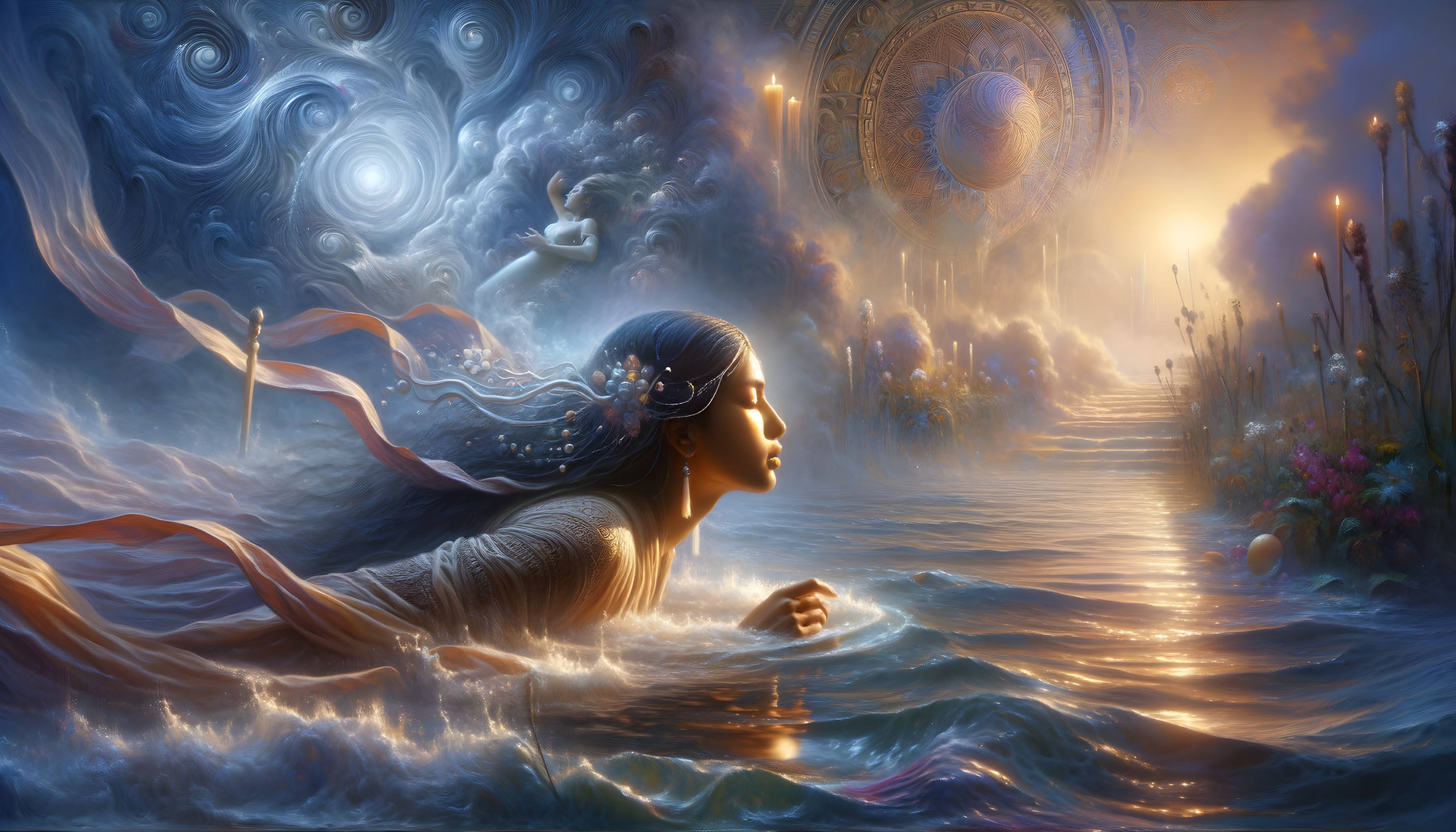 Ethereal Scene of a Woman in Shimmering Waters