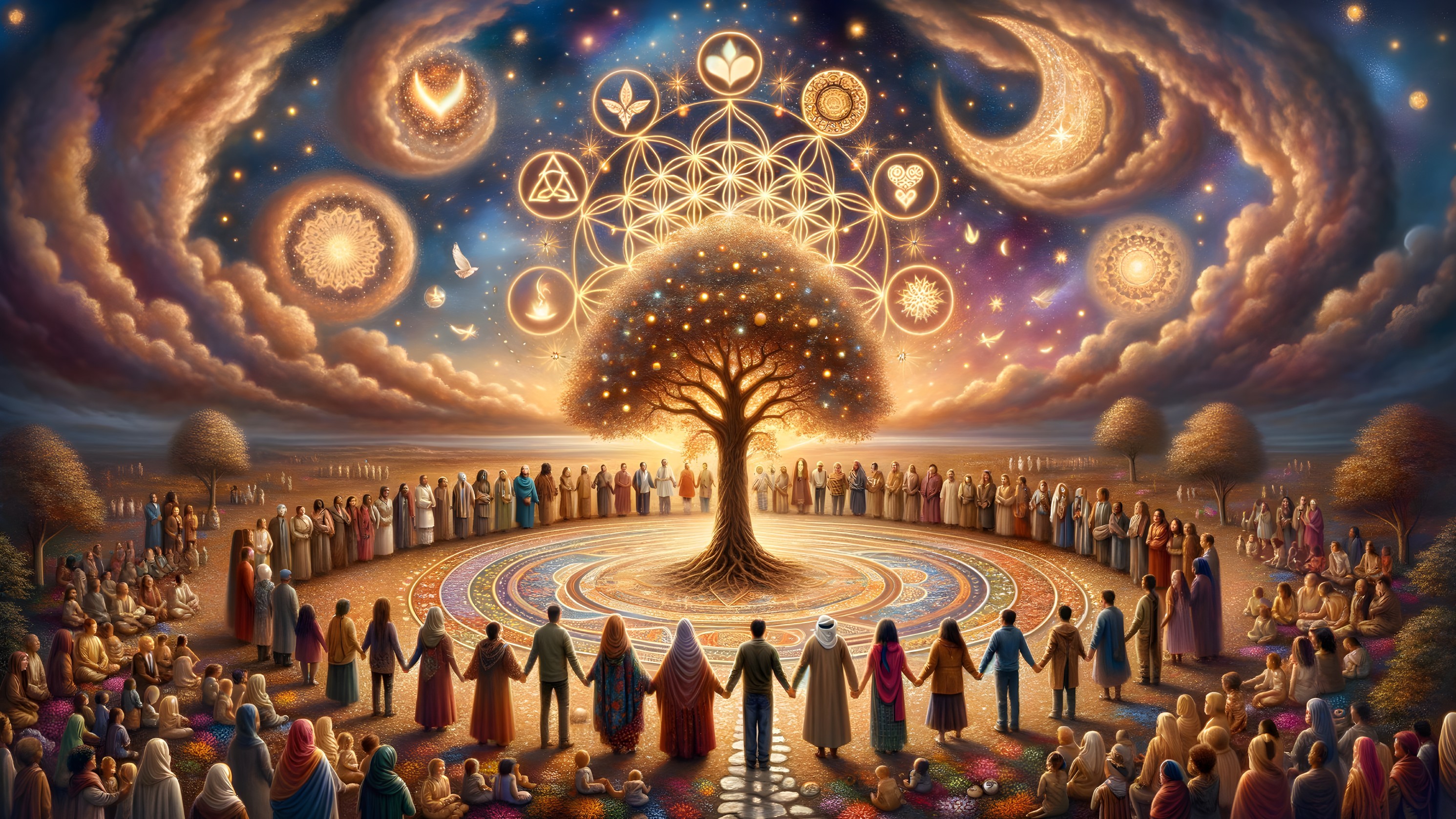 Vibrant Unity Scene with Tree and Celestial Symbols