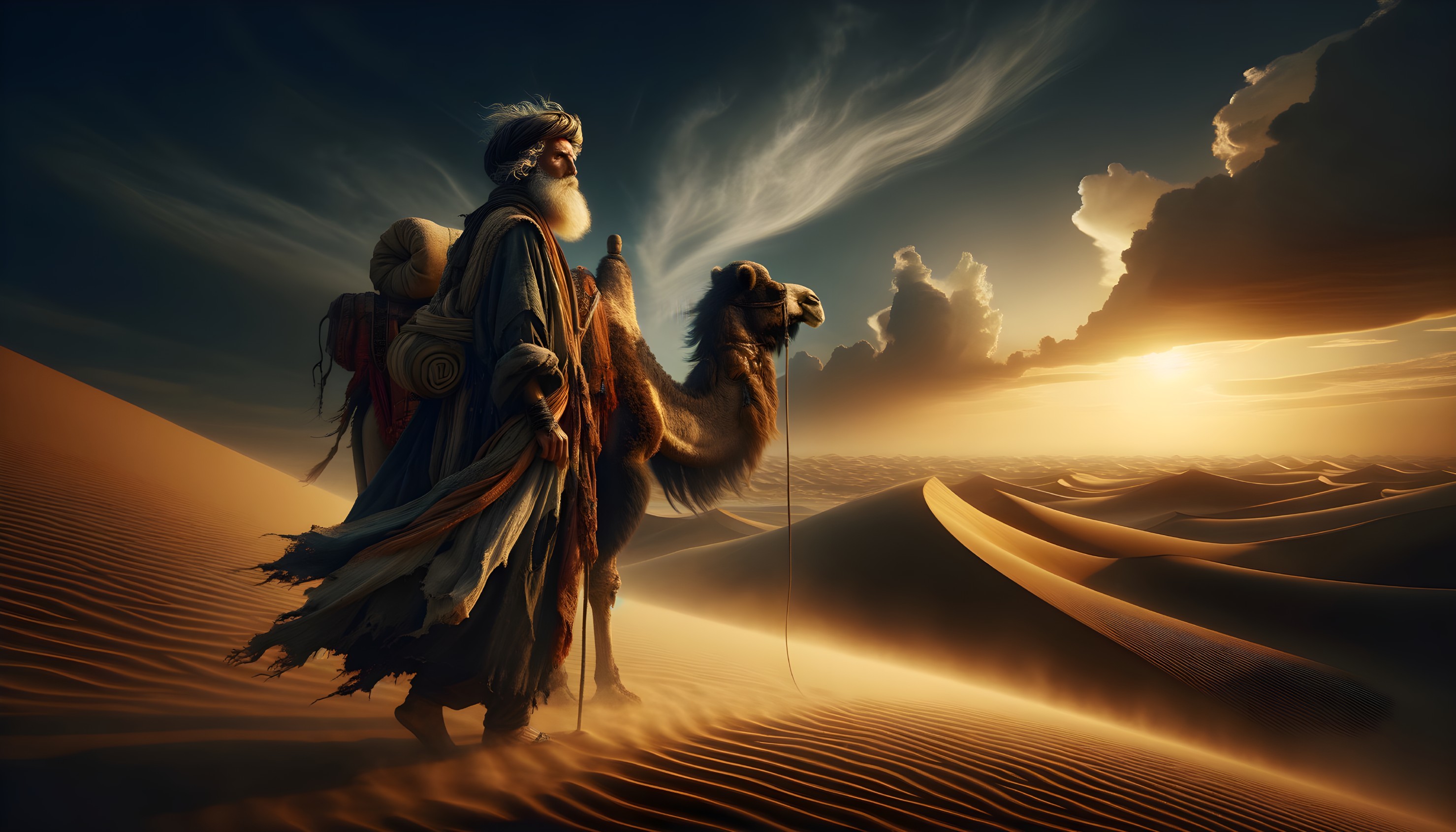 Robed Figure and Camel in Desert at Sunset