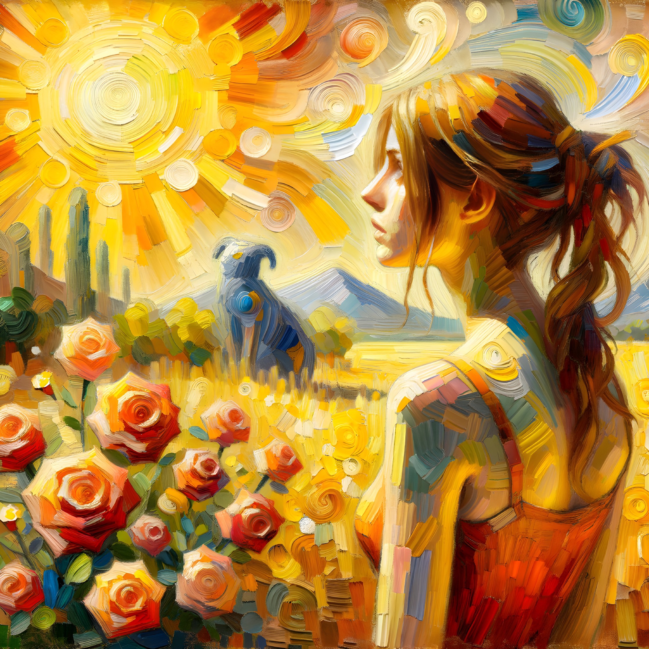 Young Woman in Rose Field at Sunset with Dog