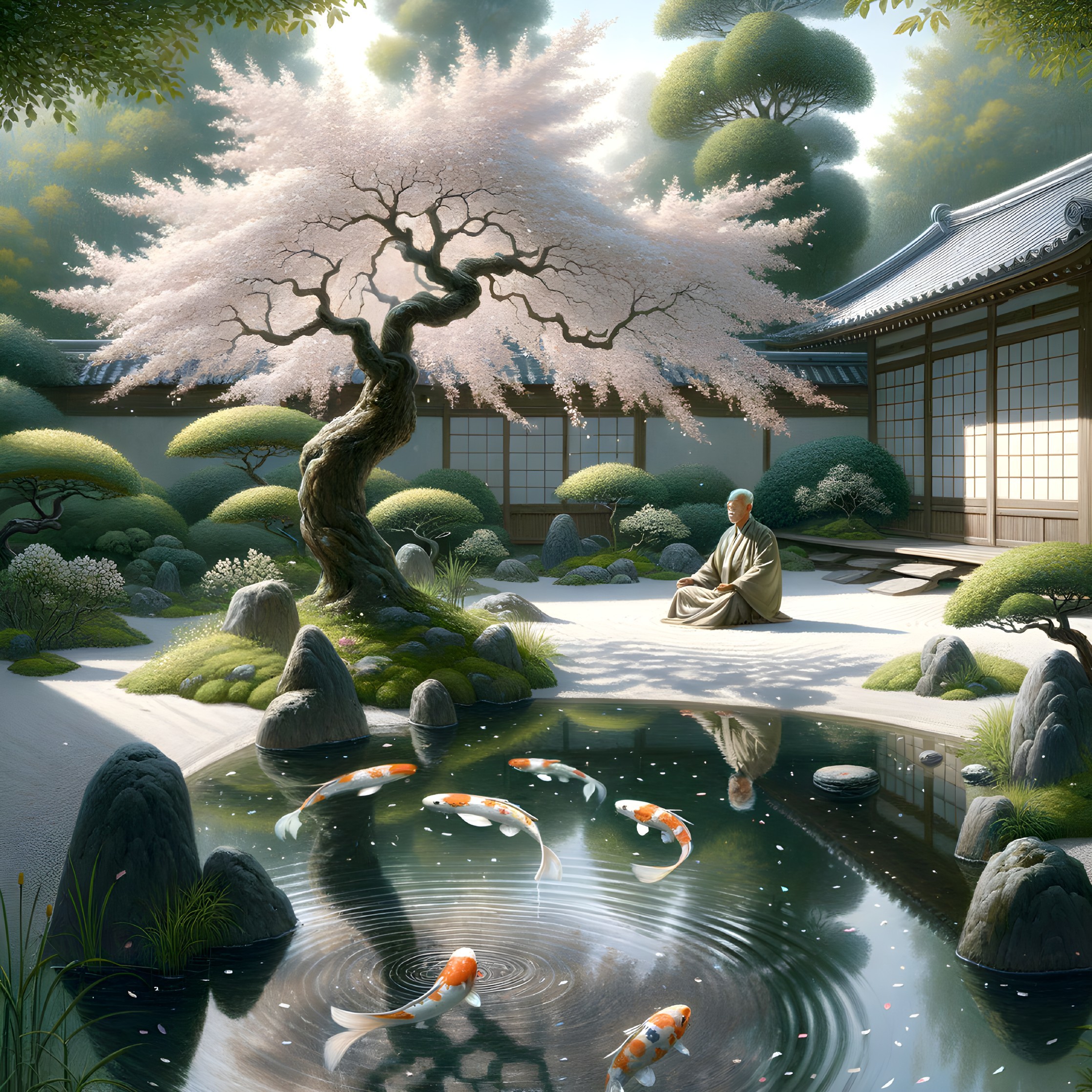 Cherry Blossom Tree in a Serene Japanese Garden