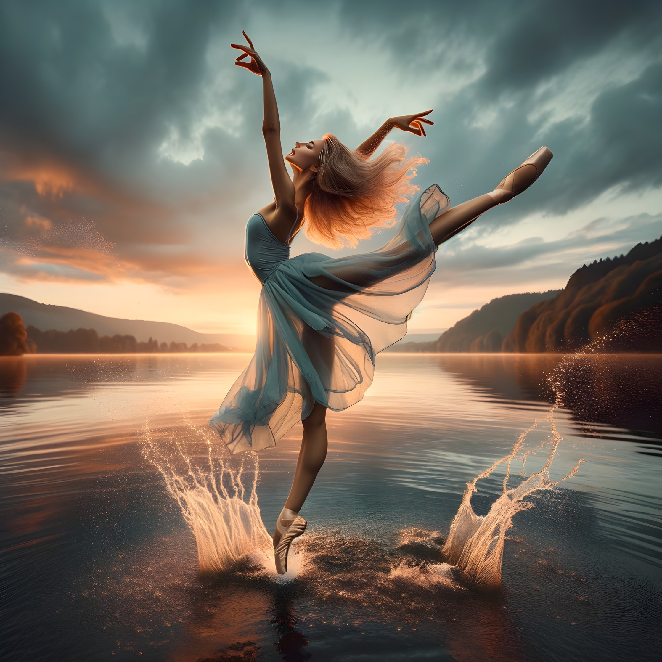Ballerina Leaps Over Shimmering Lake at Sunset