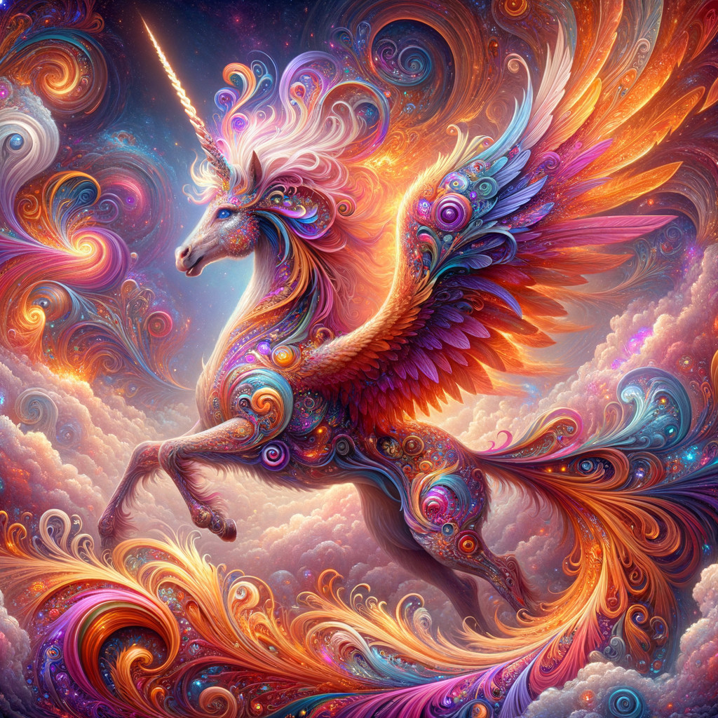 Majestic Unicorn with Colorful Wings in Cosmic Scene
