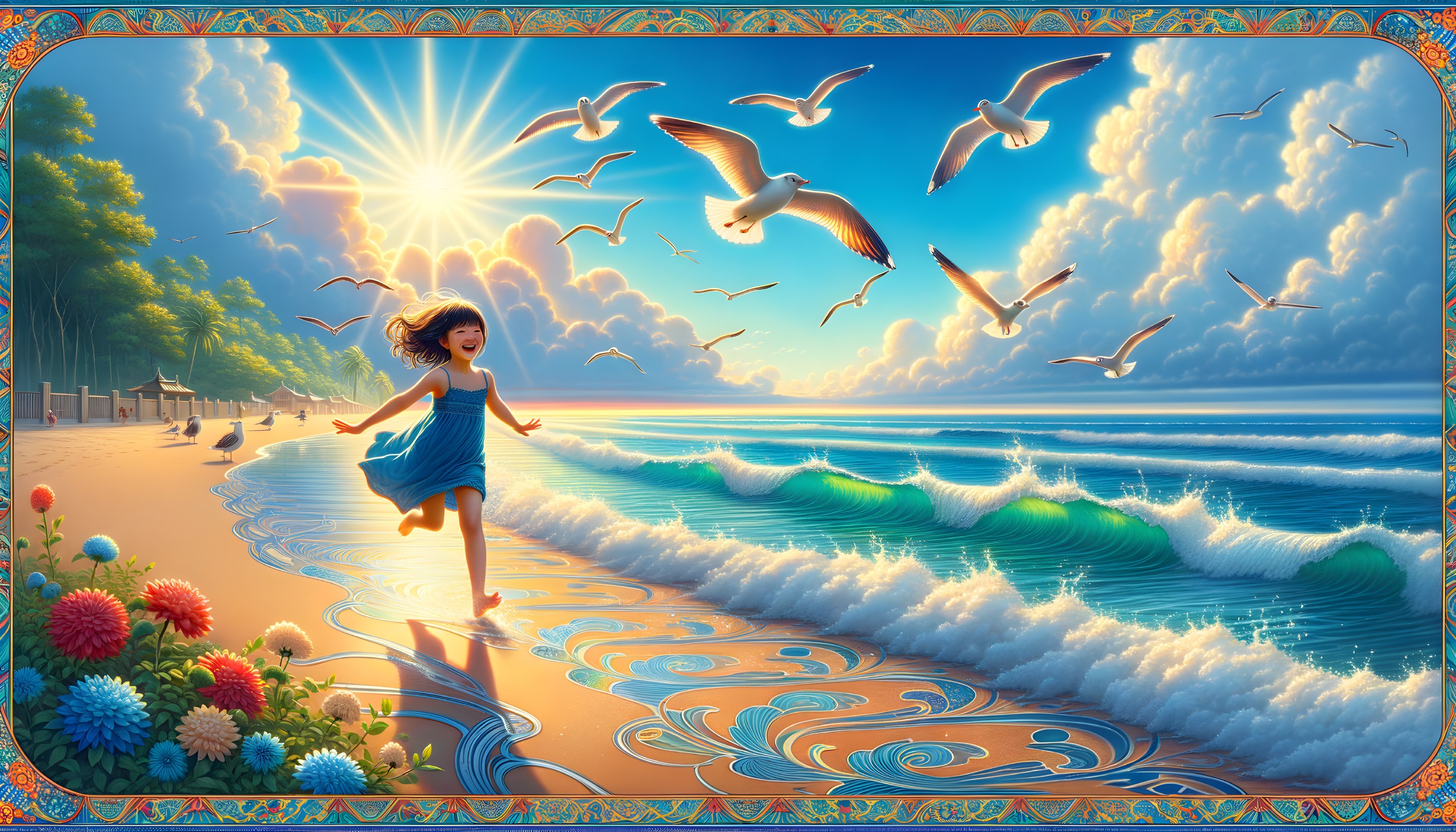 Joyful Girl in Blue Dress on Sandy Beach Scene