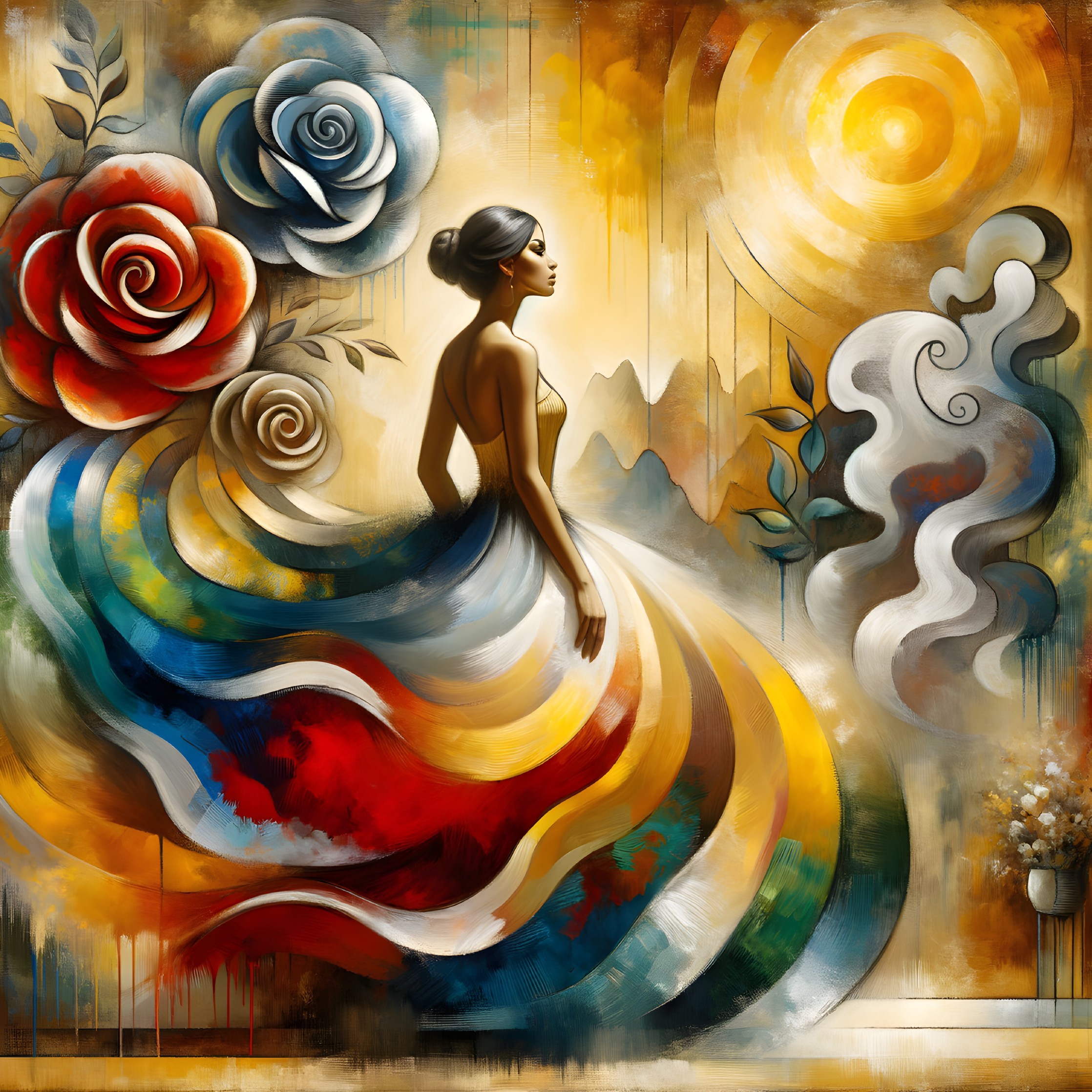 Vibrant Artwork of Woman in Flowing Dress and Nature