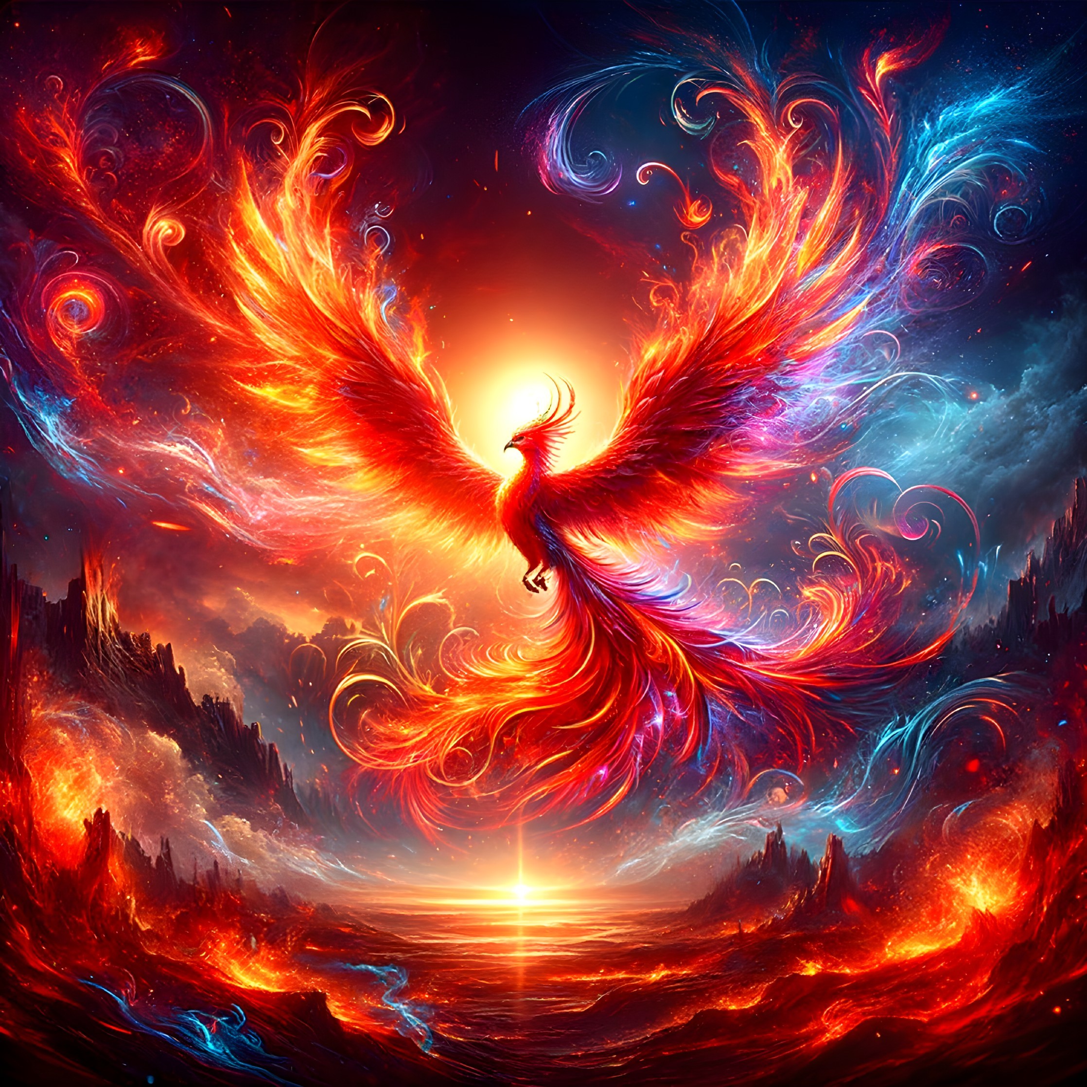 Vibrant Phoenix in Fiery Landscape at Sunset