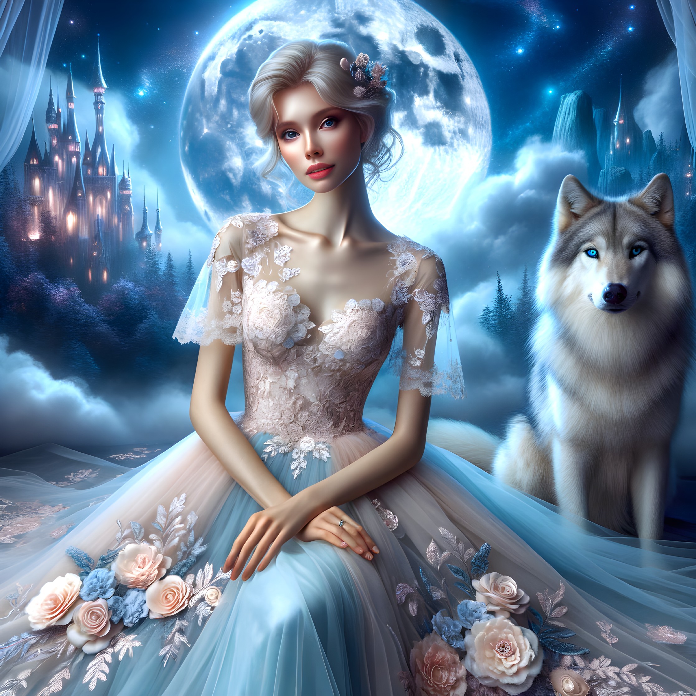 Serene Figure in Pastel Gown with Mystical Landscape