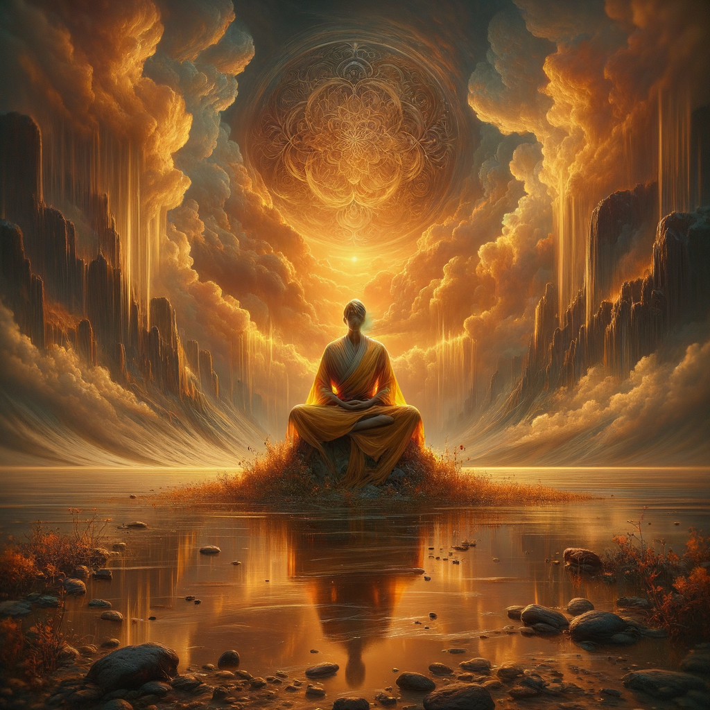 Meditative Figure by a Tranquil Lake at Sunset
