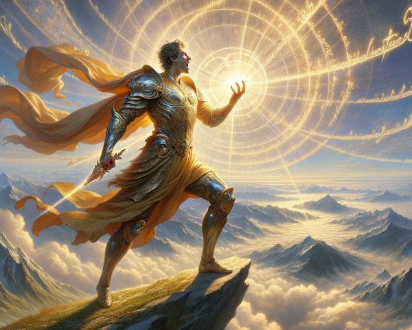 Majestic Figure in Golden Armor on Rocky Cliff