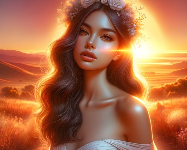 Young Woman in Sunlit Landscape with Floral Crown