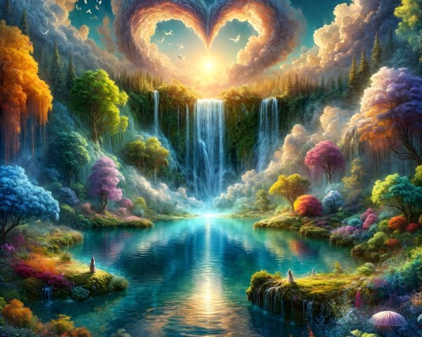 Heart-Shaped Cloud Over Waterfalls and Shimmering Lake