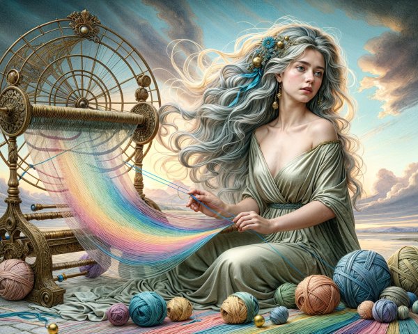 Woman with Silver Hair Weaving Rainbow Yarn by Spinning Wheel