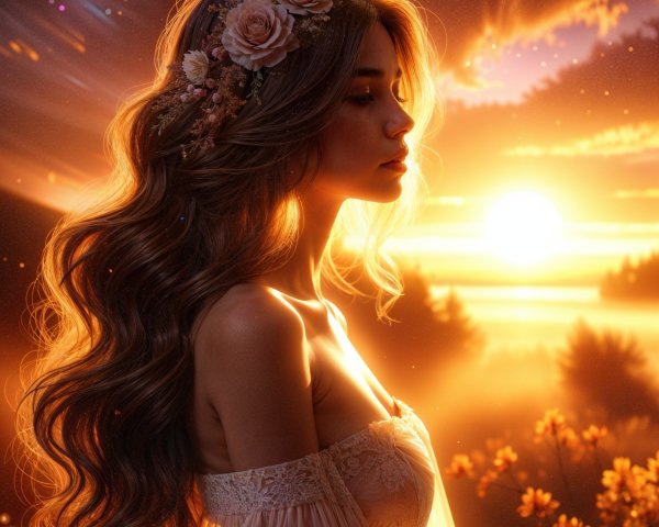 Young Woman in Serene Sunset Landscape with Flowers