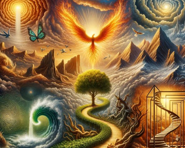 Surreal Landscape with Phoenix and Nature Elements