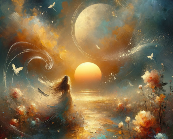 Mystical Sunset Scene with Woman by Shimmering Water