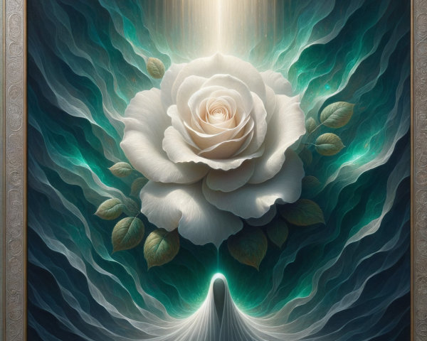 Ethereal White Rose Surrounded by Teal Waves and Mystery