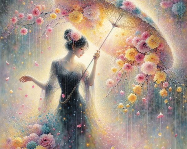 Ethereal Figure Under Blooming Floral Umbrella