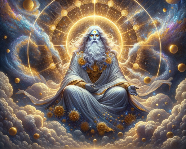 Celestial Figure in White Robes Against Cosmic Backdrop
