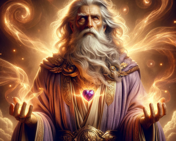 Ethereal figure with glowing gem and swirling energies