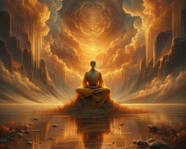 Meditative Figure by a Tranquil Lake at Sunset