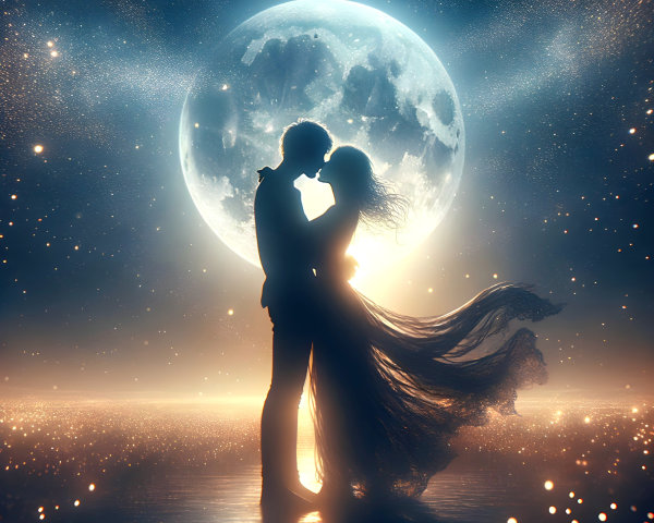 Romantic Silhouette of Couple Under Full Moon