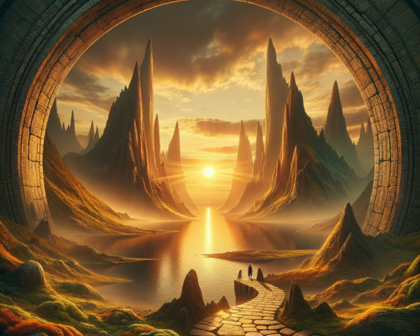Fantasy Landscape with Stone Archway and Sunset