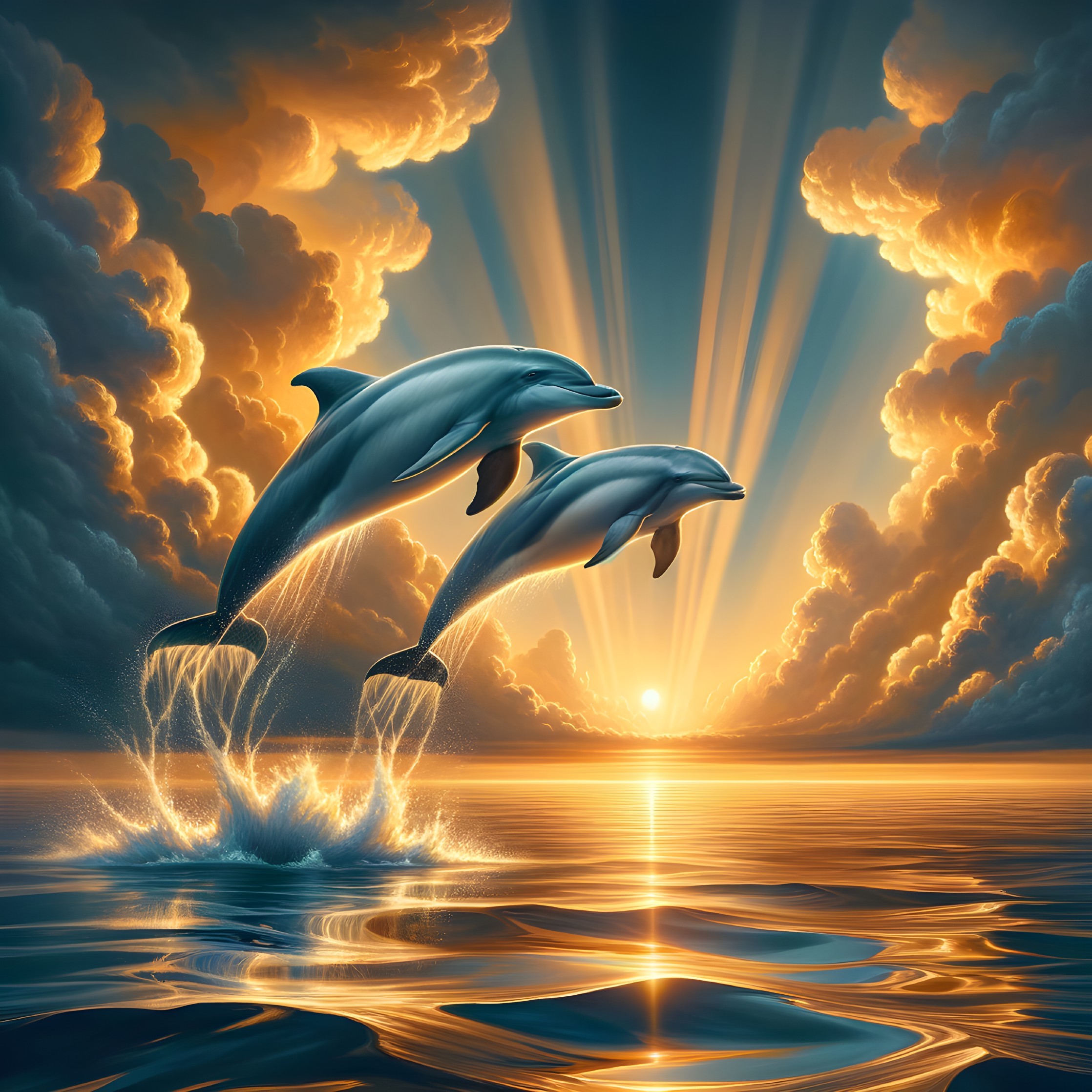 Dolphins Leaping at Sunset Over Tranquil Ocean Waters