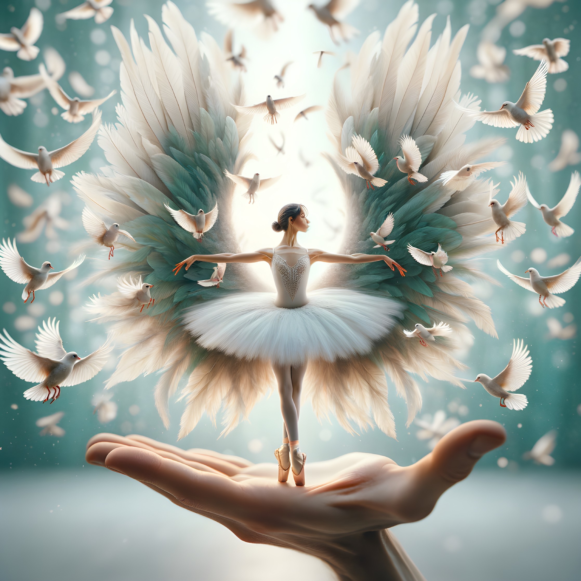 Ballet Dancer on Hand Surrounded by Flying Doves