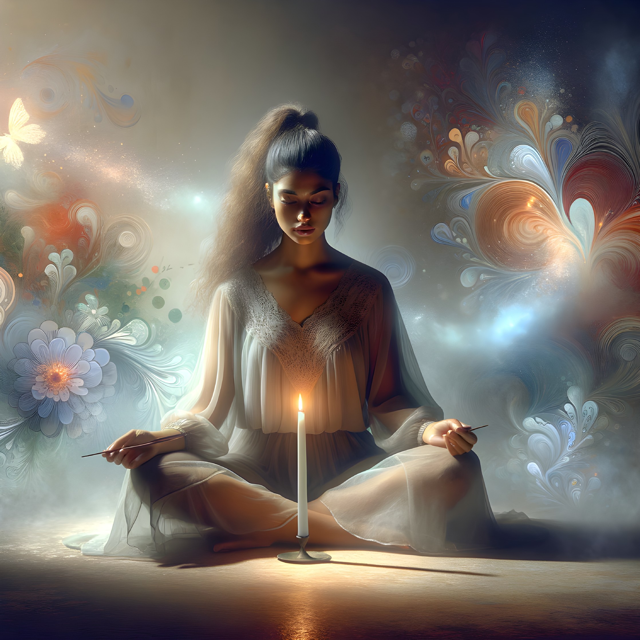 Serene Woman in Meditative Pose with Ethereal Colors