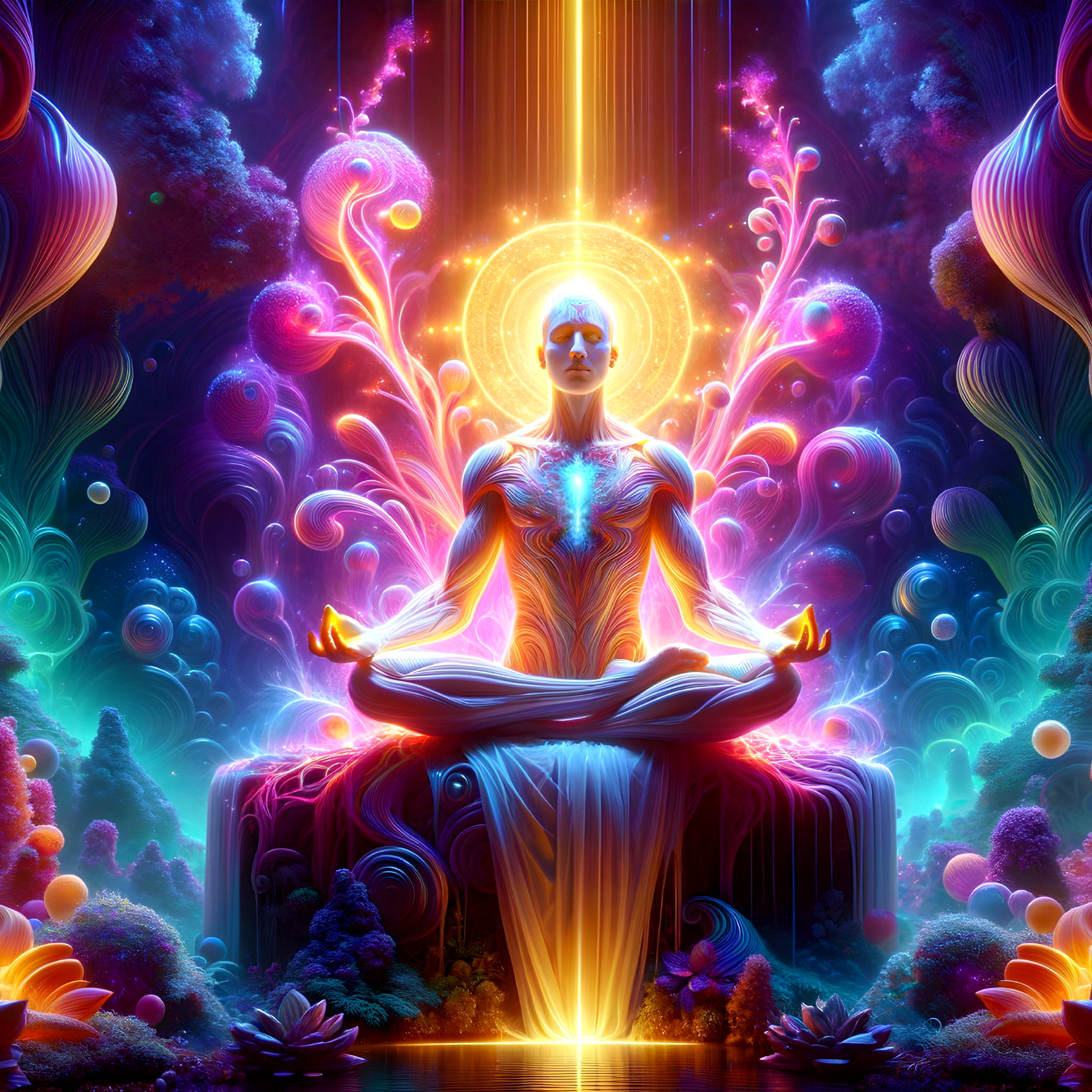 Meditative Figure Surrounded by Vibrant Colors and Light