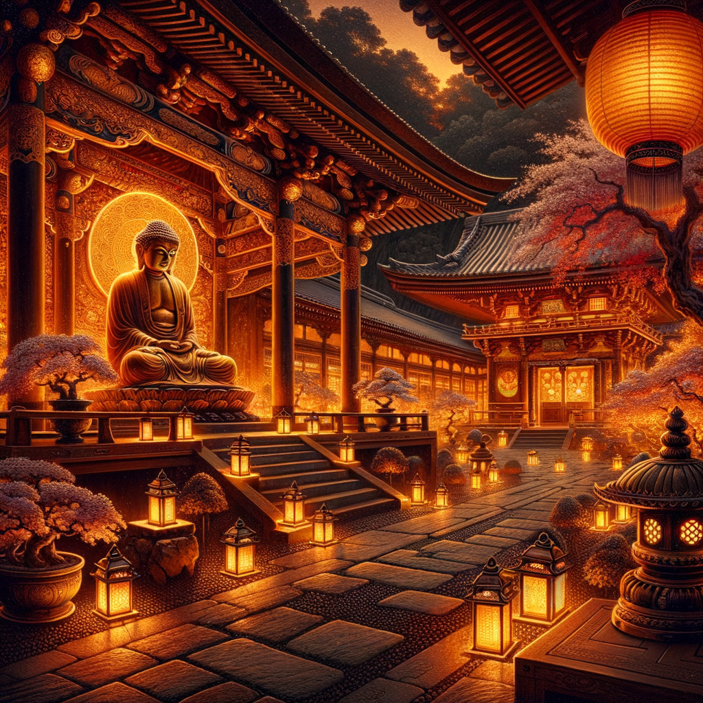 Serene Temple Courtyard with Buddha and Cherry Blossoms