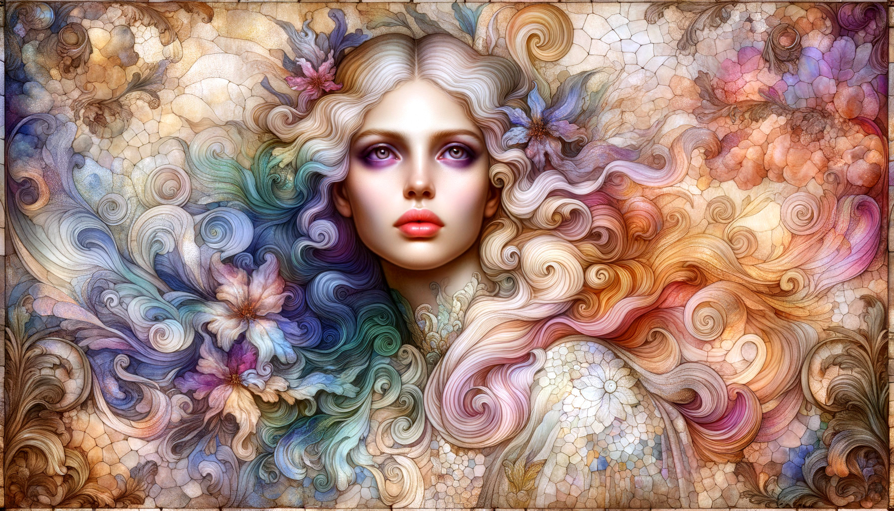 Ethereal Woman with Flowers and Colorful Patterns