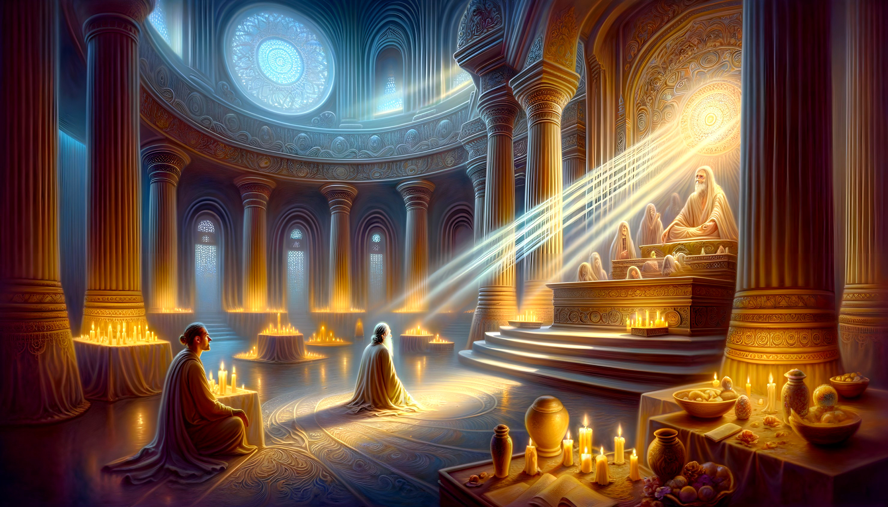 Ethereal Hall with Throne and Reverent Figures