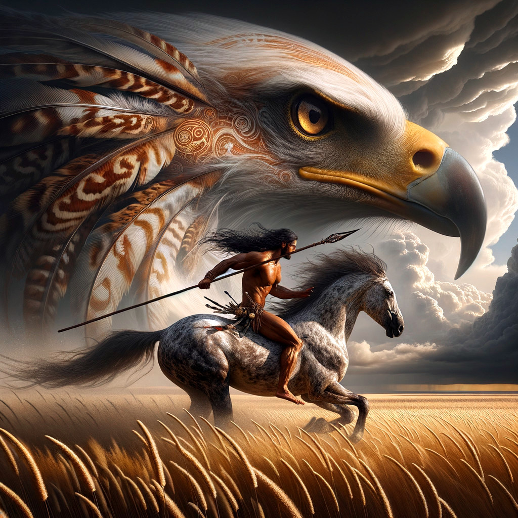 Native American Warrior on Horse in Golden Grasslands