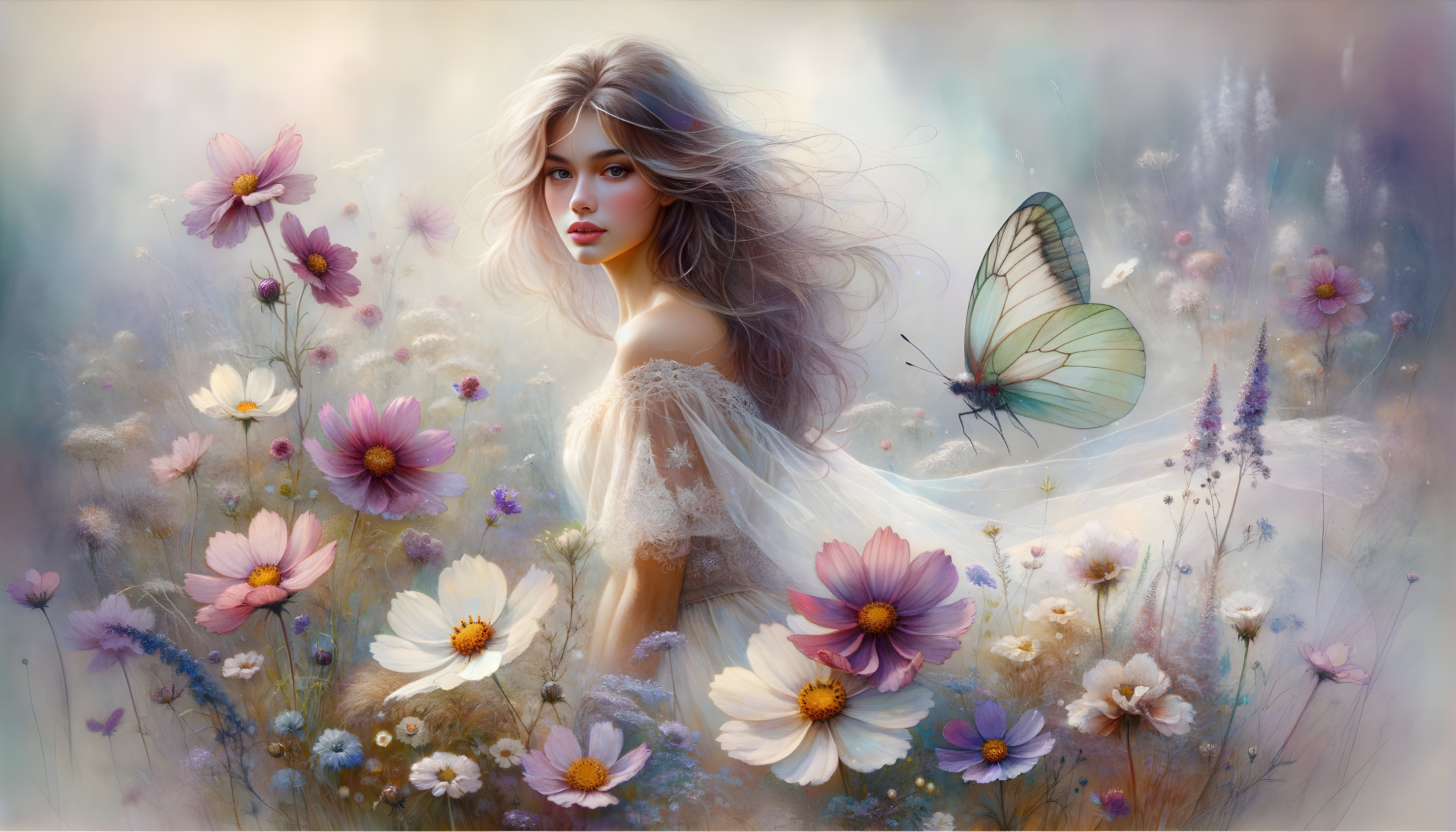Dreamy Landscape with Young Woman and Wildflowers