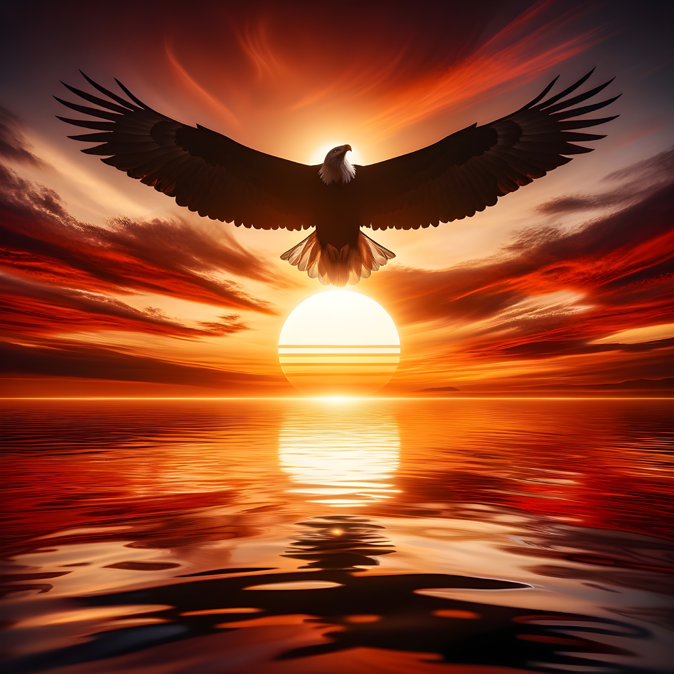 Eagle Soaring at Sunset Over Tranquil Ocean Scene