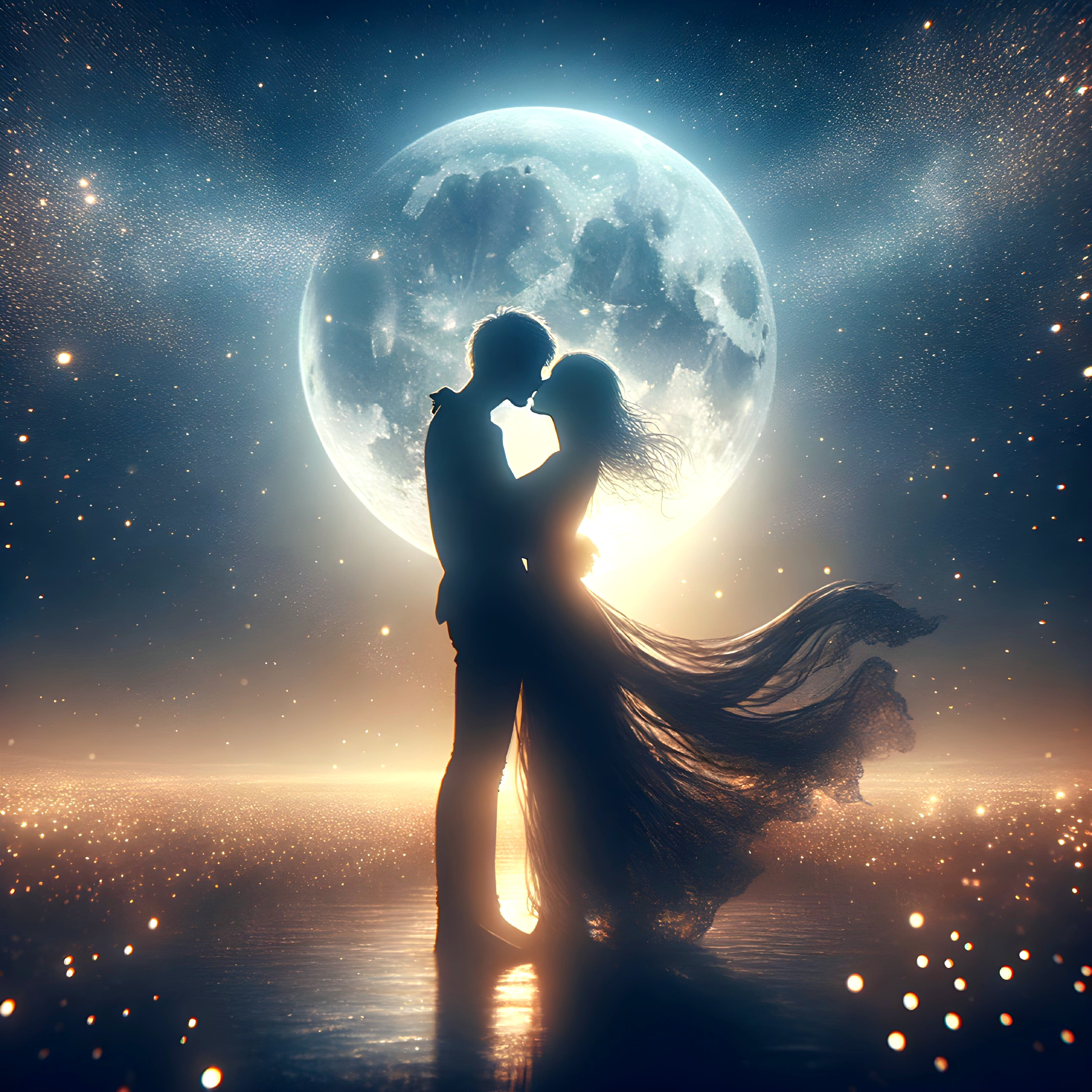 Romantic Silhouette of Couple Under Full Moon