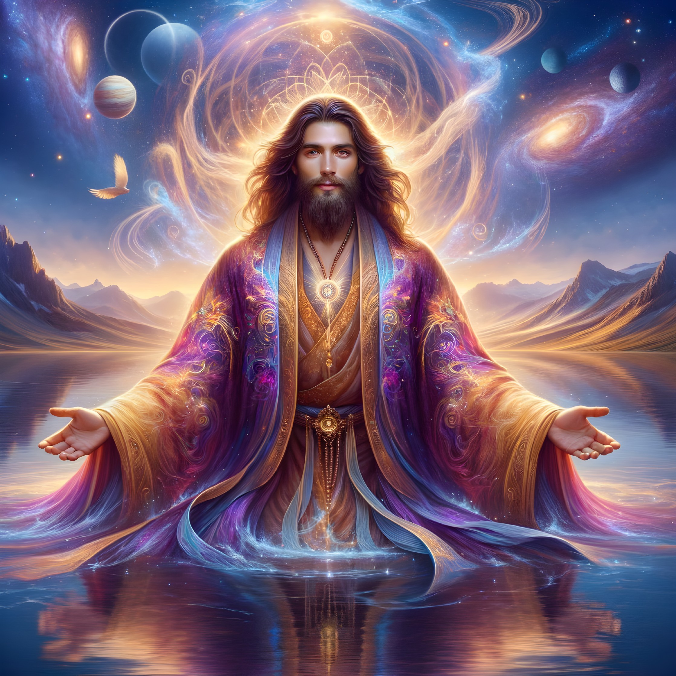 Serene Figure Meditating by Tranquil Lake and Cosmos