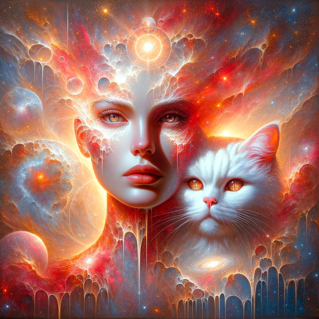 Surreal Cosmic Portrait of Woman and White Cat