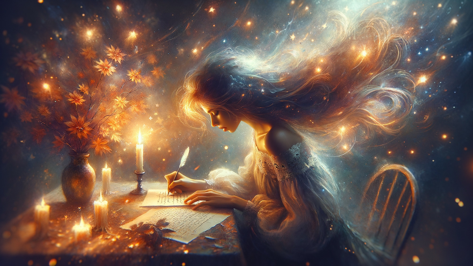 Ethereal Figure Writing at Candlelit Table Scene