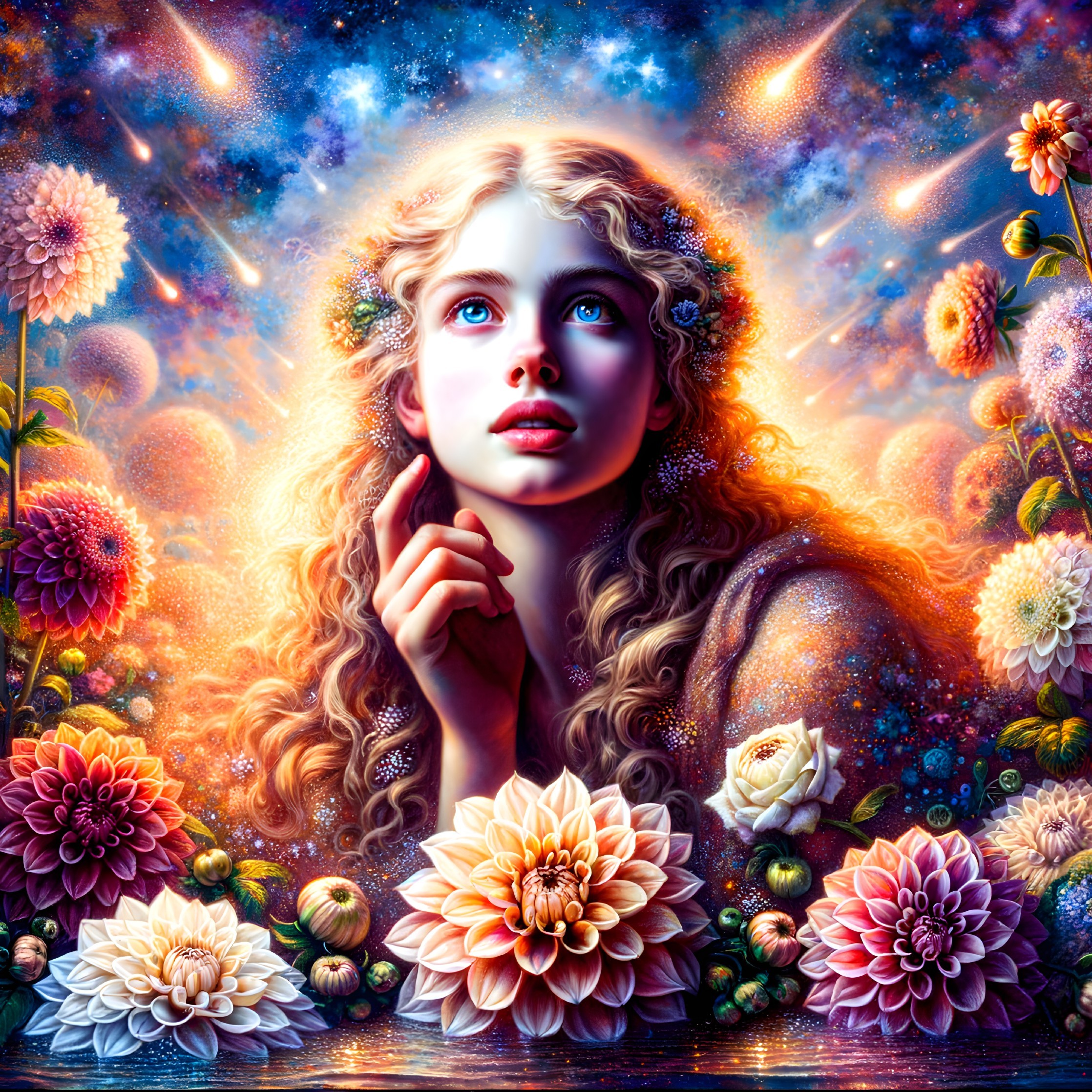 Celestial Scene of a Woman Among Vibrant Flowers