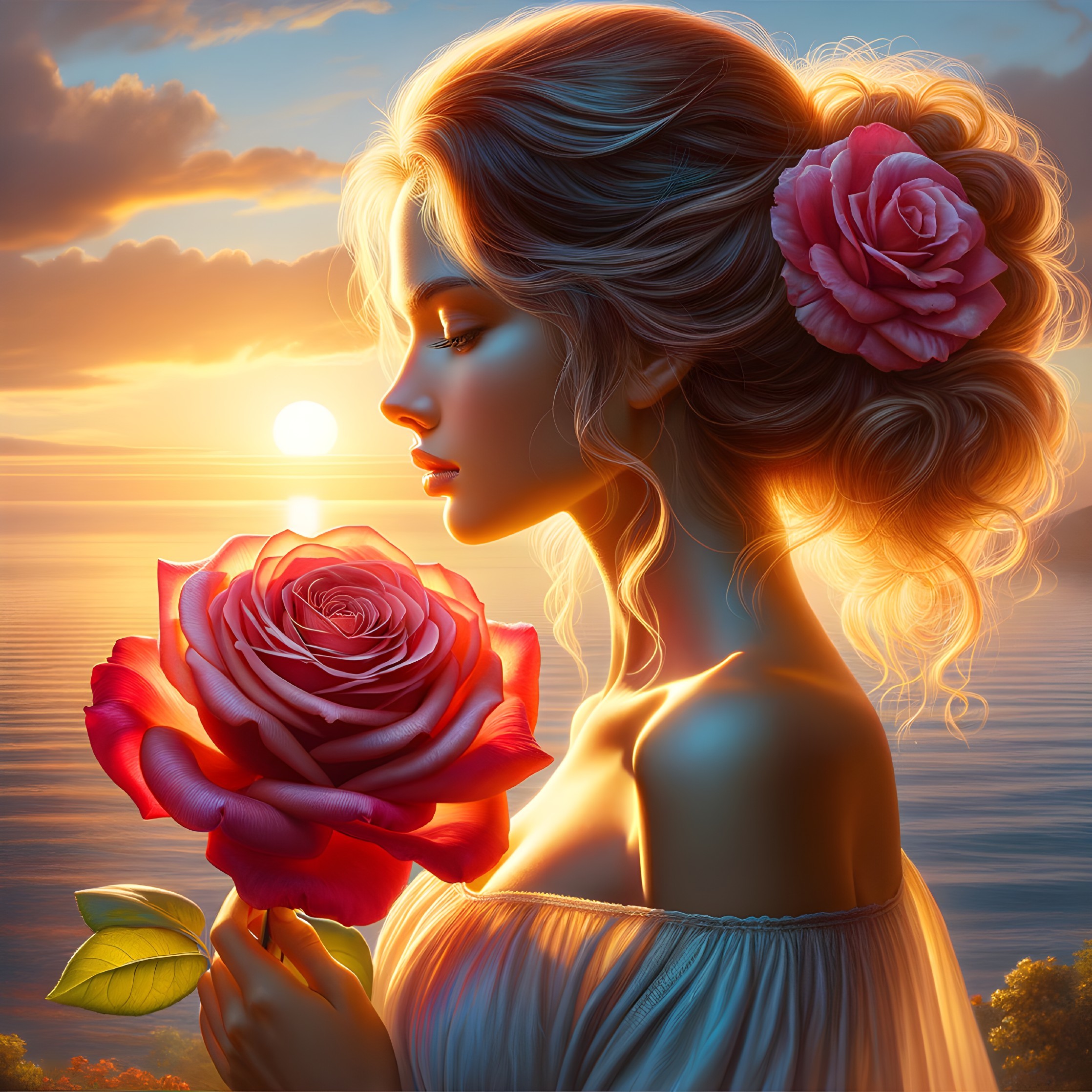 Young Woman with Roses at Sunset by the Water