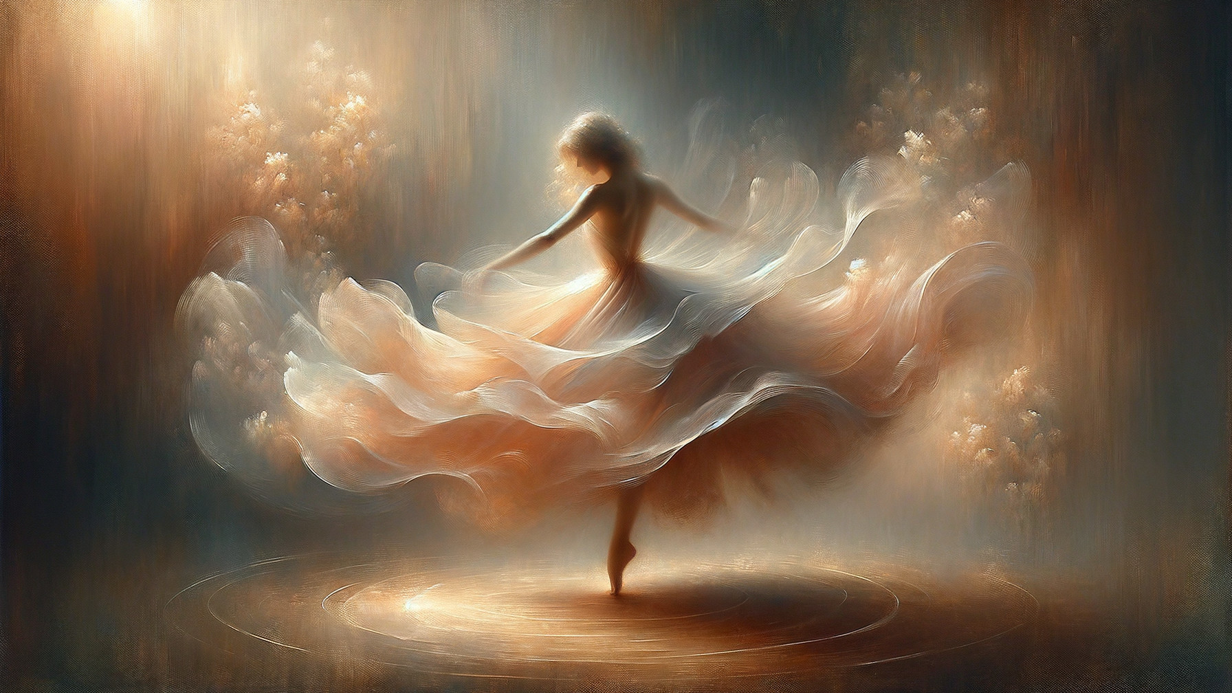 Ethereal Dance with Flowing Fabrics and Soft Colors