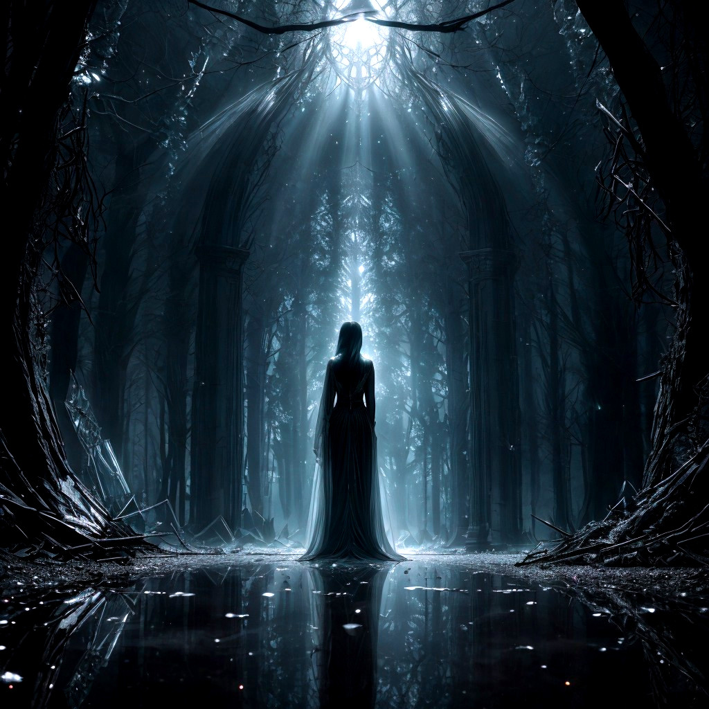 Mystical Forest Scene with Ethereal Light and Reflection