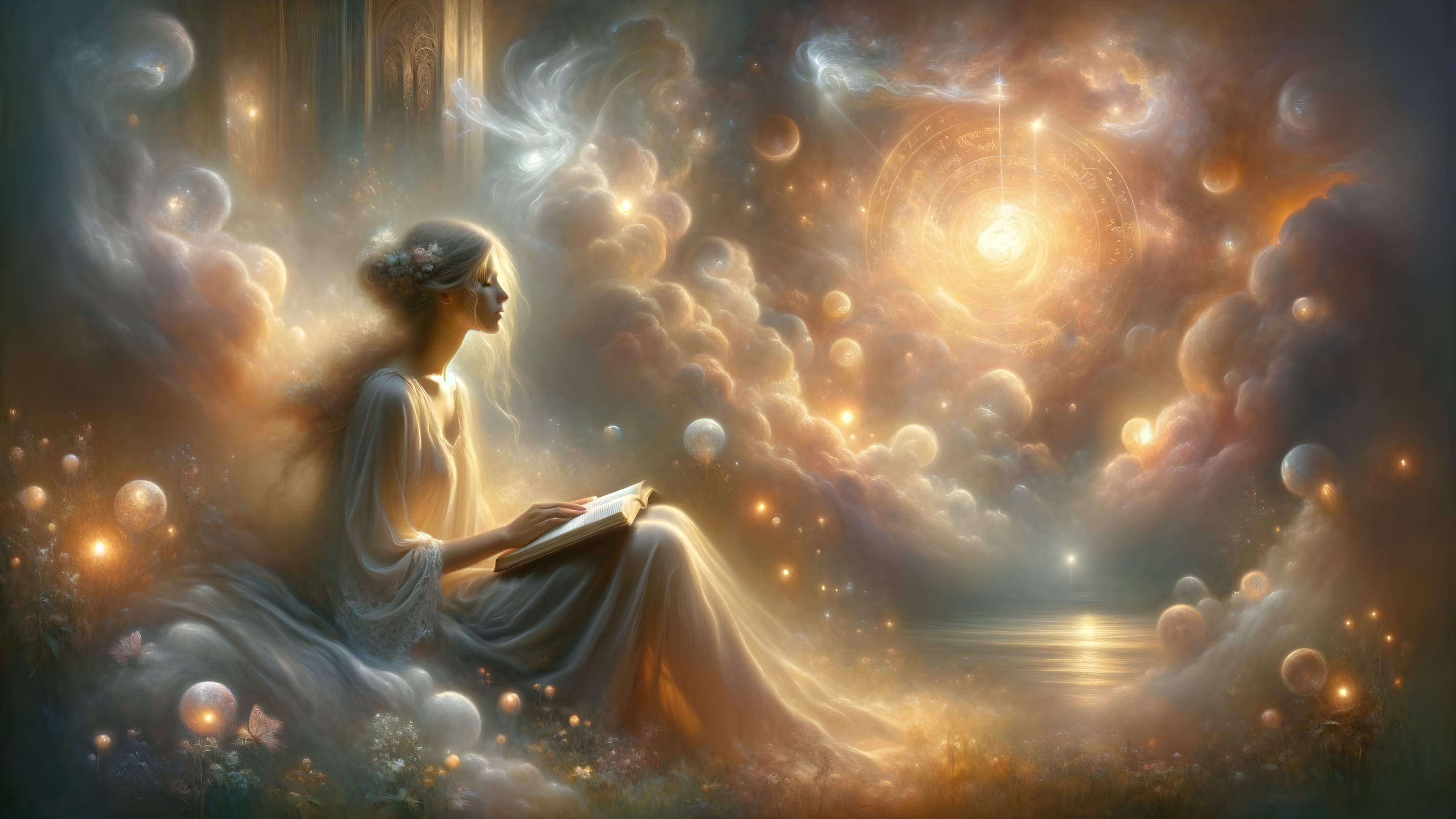 Serene figure in dreamlike landscape with glowing orbs