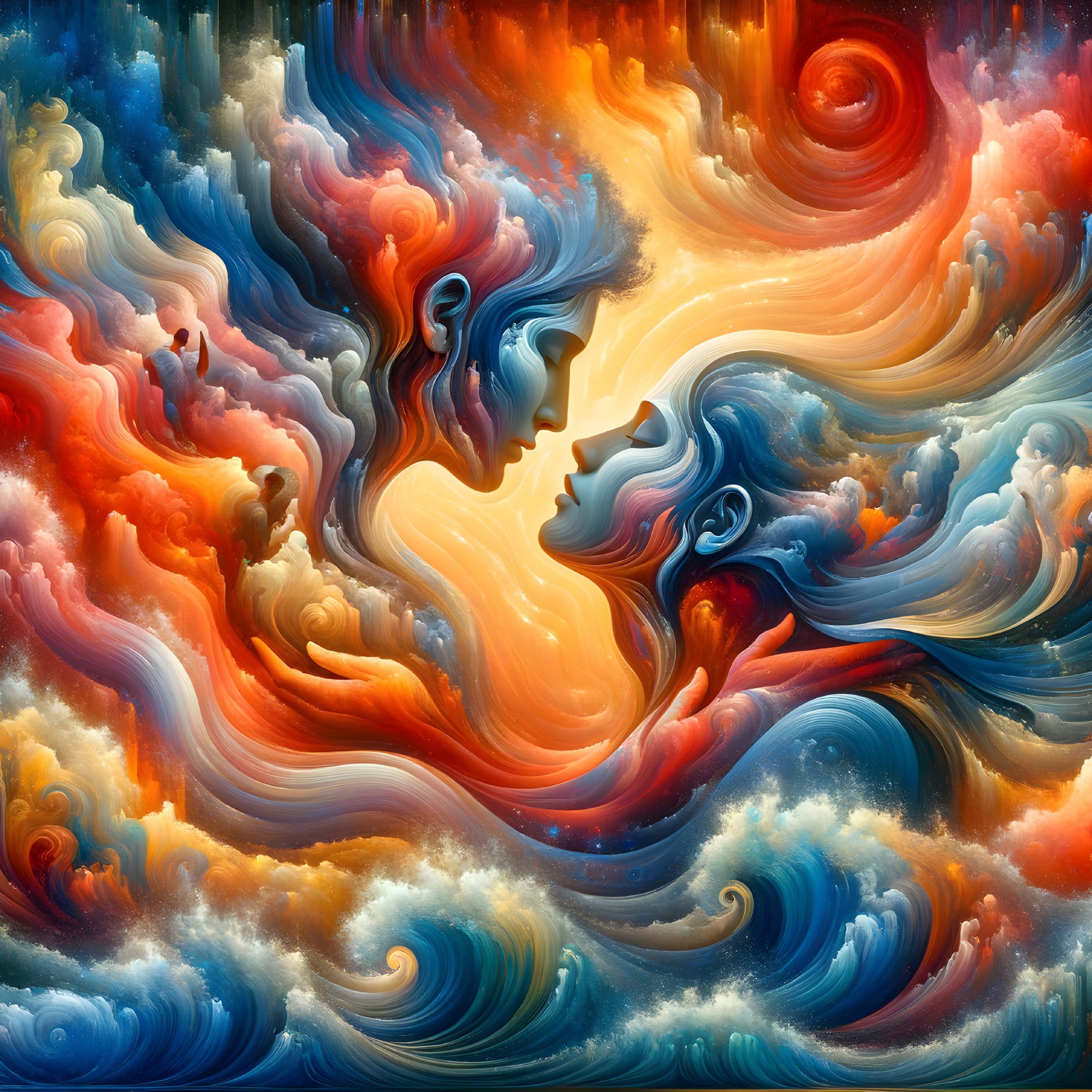 Ethereal Faces Merging in Vibrant Color Swirl