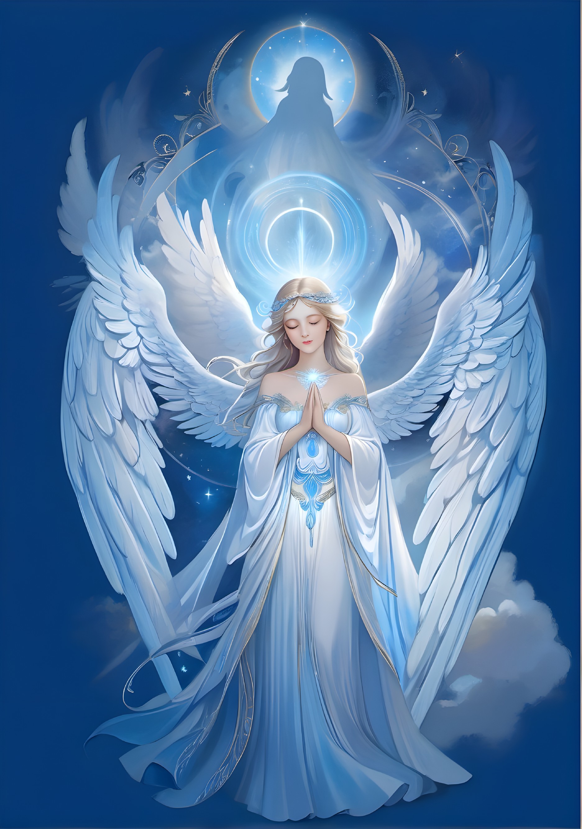 Serene angel with white wings in a tranquil setting