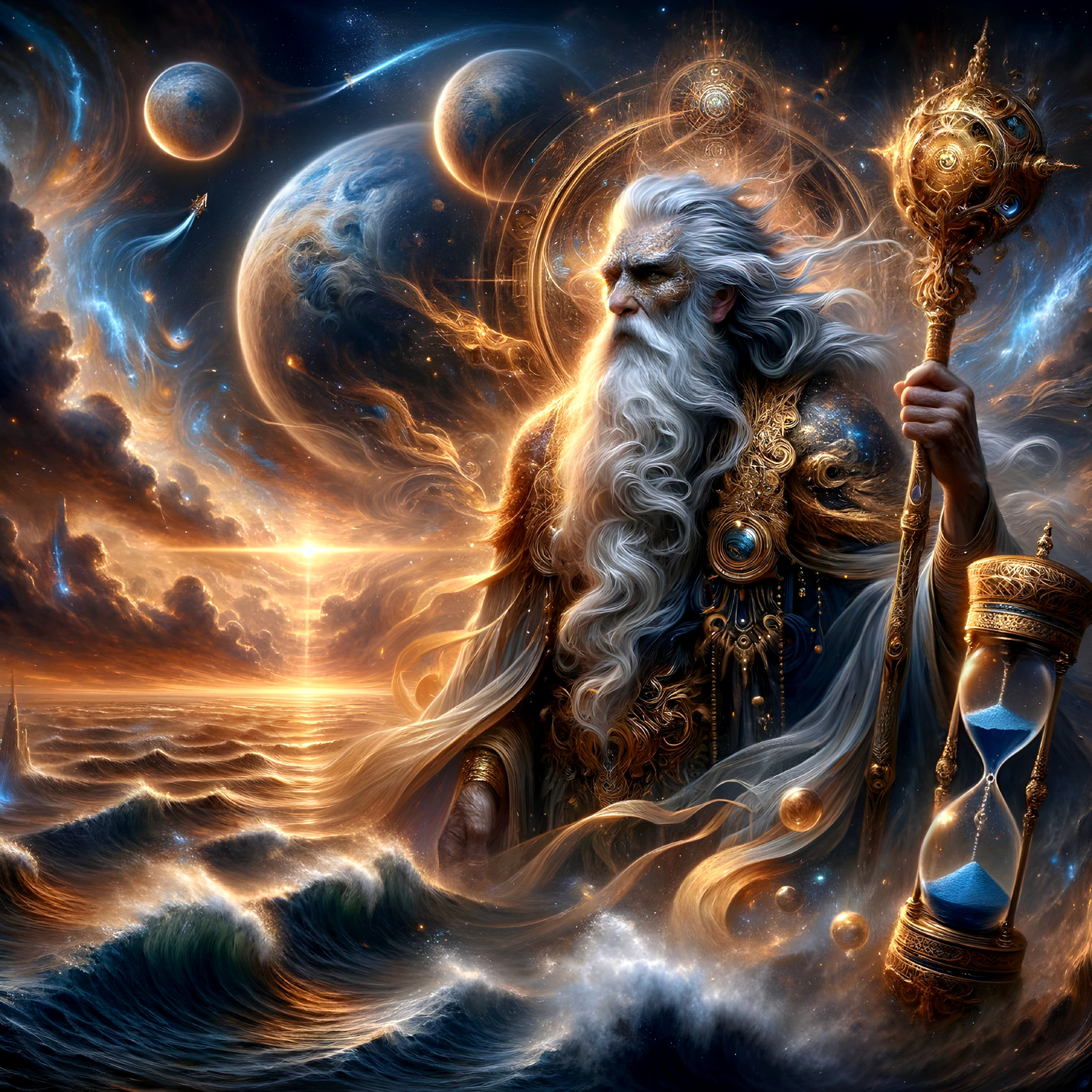 Elderly figure in cosmic robes with glowing orb staff