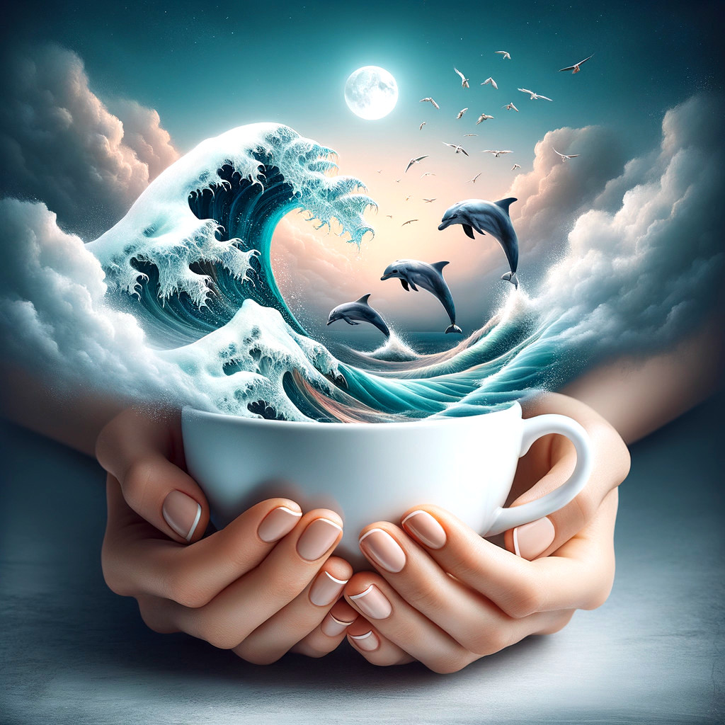 Hands Cradling Cup with Ocean Wave and Dolphins